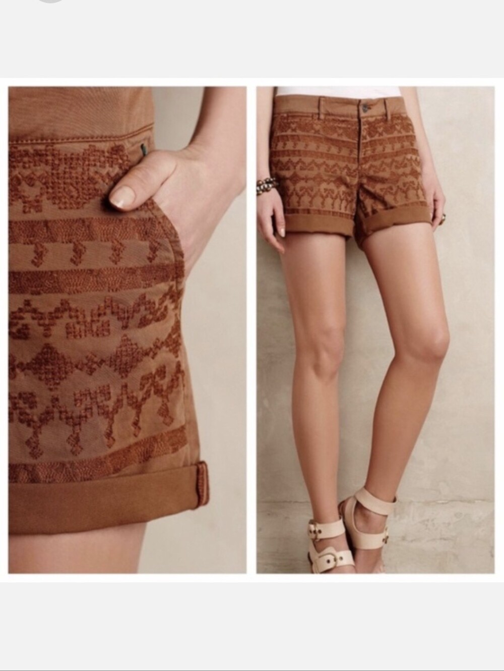 💥 Anthropologie Brown Embroidered Shorts sz 29, 26, 27